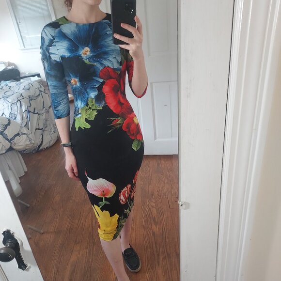 ALICE & OLIVIA DELORA BLACK FLORAL BODYCON MODEST MIDI DRESS - Picture 1 of 7
